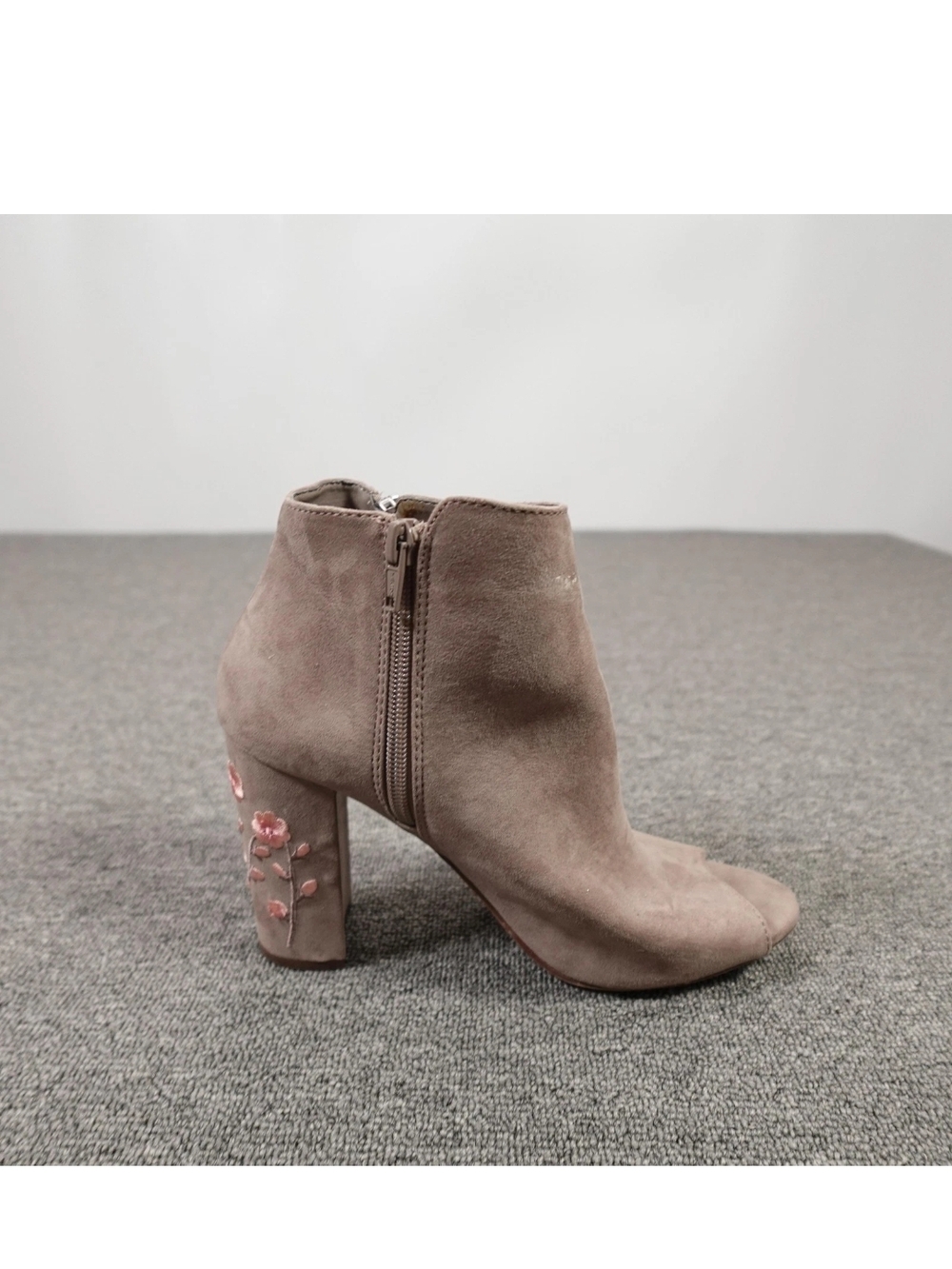 Candie's Taupe Suede Embroidered Block Heel Ankle Booties